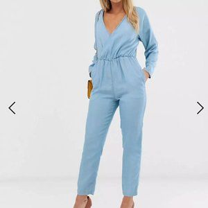 ASOS DESIGN soft denim wrap front jumpsuit